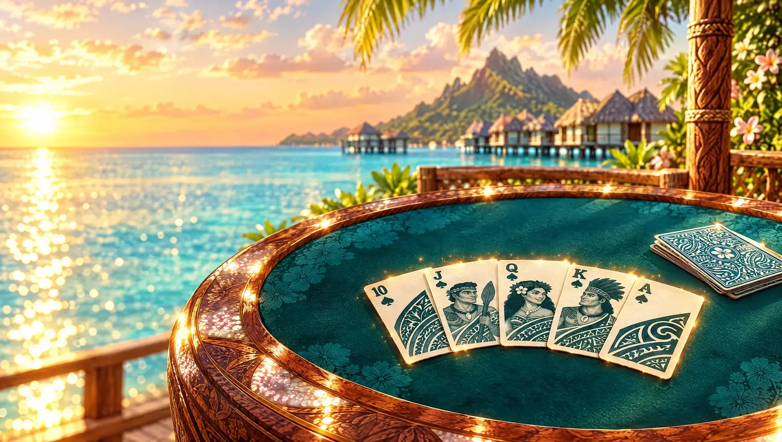 Vue depuis ta place : une table de jeu en bois sculpté au bord du lagon, au coucher du soleil, avec cinq cartes de pique posées sur le feutre, du 10 à l'as, et les bungalows sur pilotis au loin.